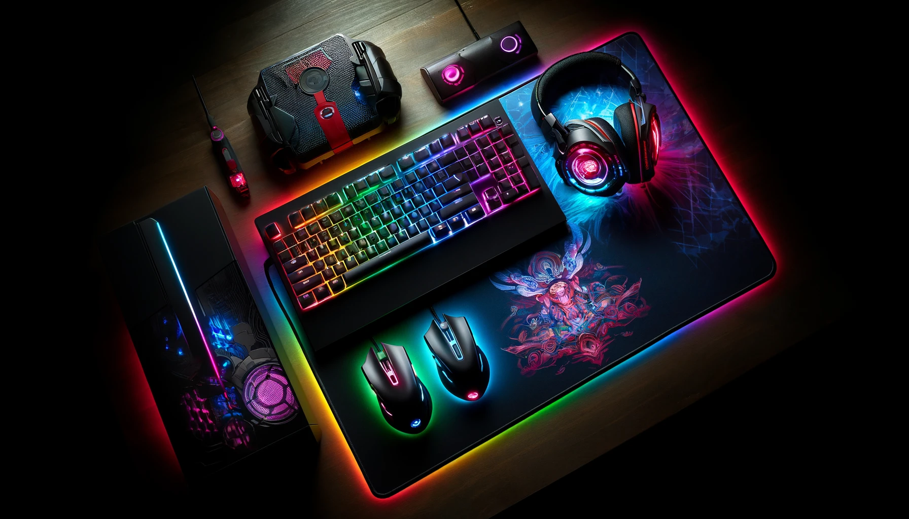 A top-down view stock photo in realistic style, showcasing colorful illuminated gaming accessories neatly laid out on a table